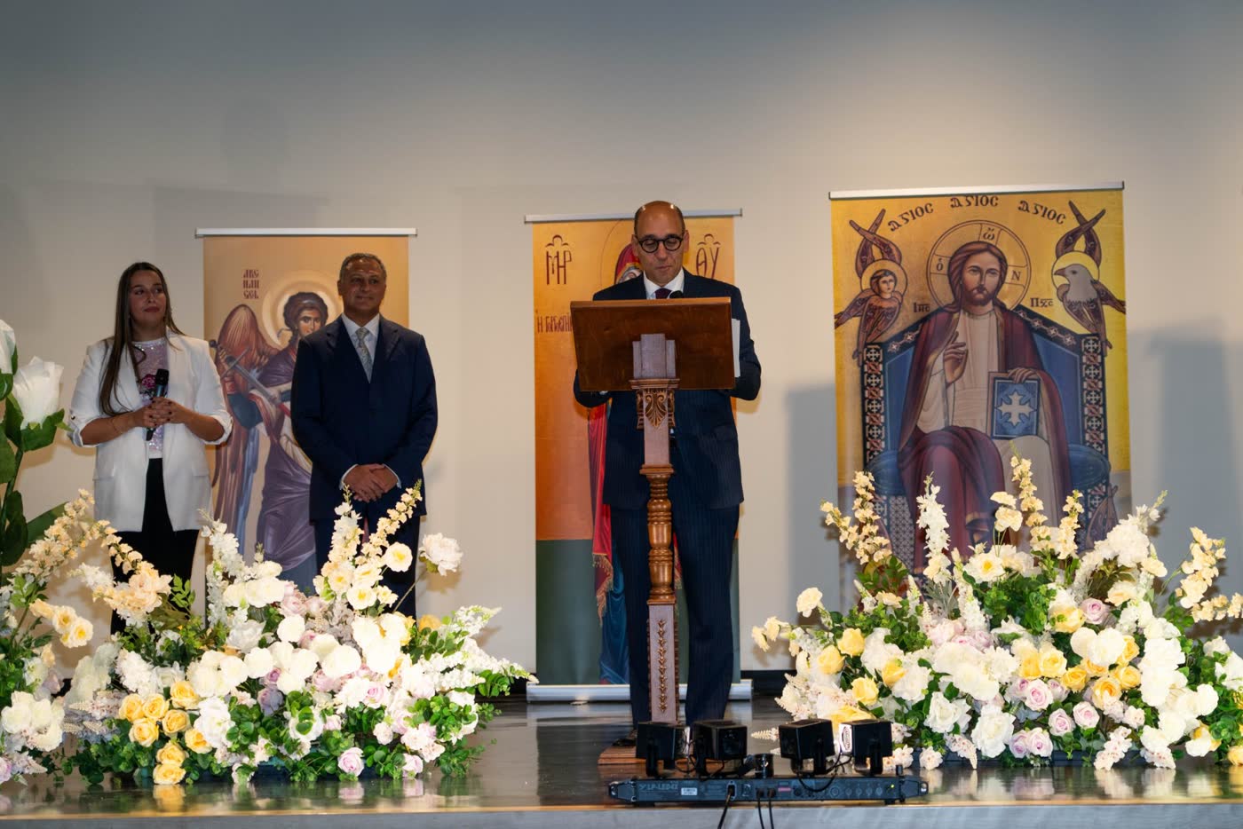 Speeches on the gymnasium stage
