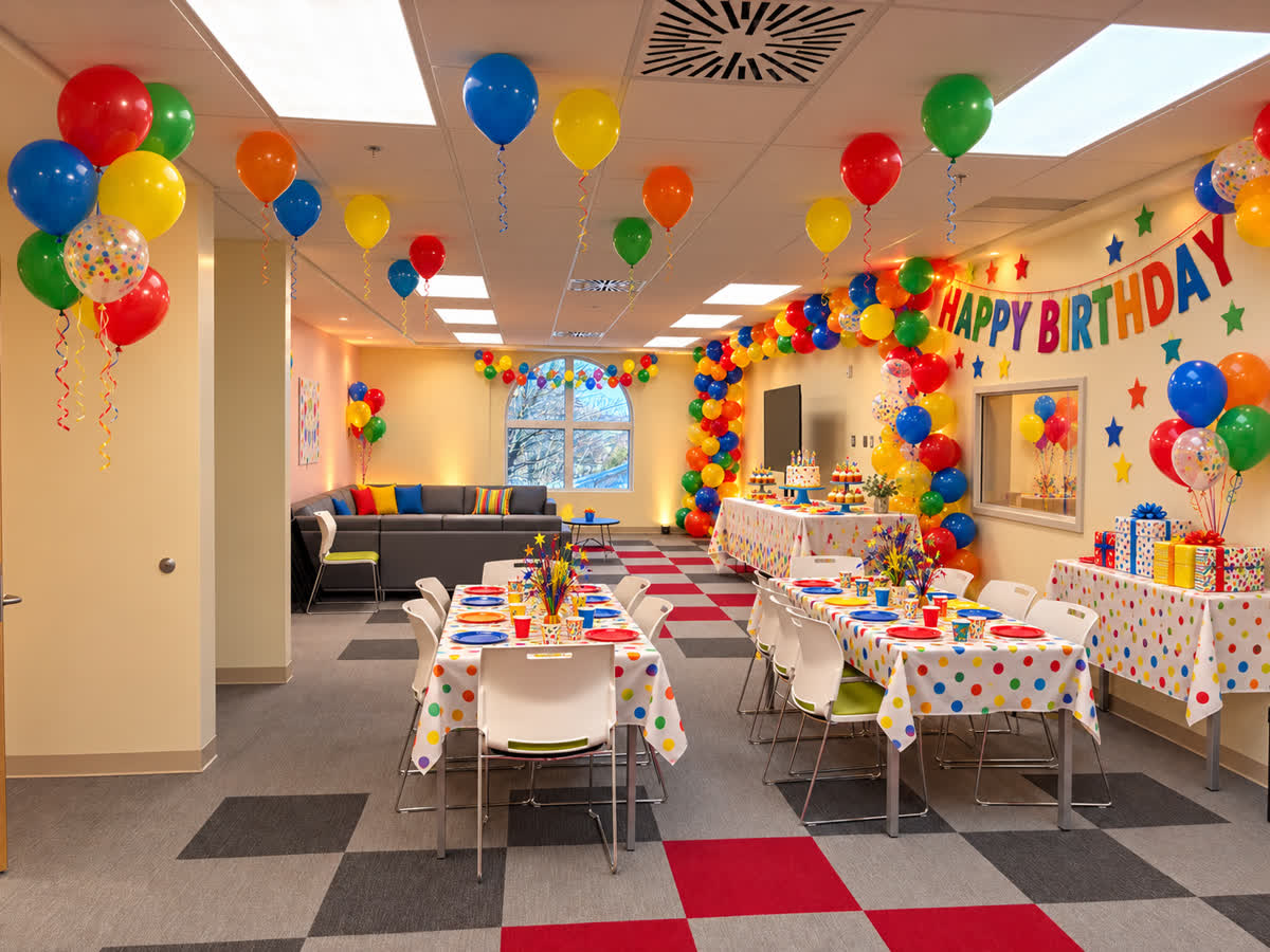 Example setup: the large lounge decorated for a child's birthday party