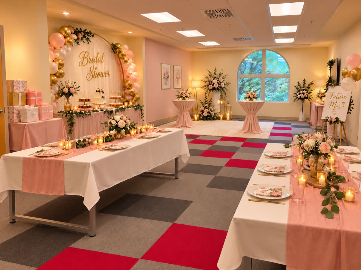 Example setup: the large lounge decorated for a bridal shower